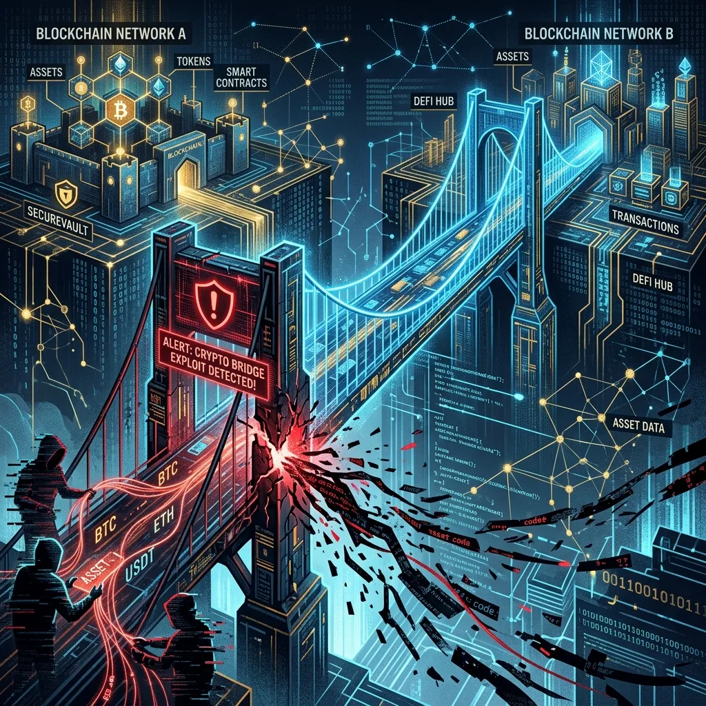 Futuristic glowing bridge connecting blockchain networks with a red alert indicating a breach